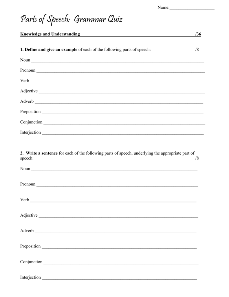 Parts Of Speech Grammar Test