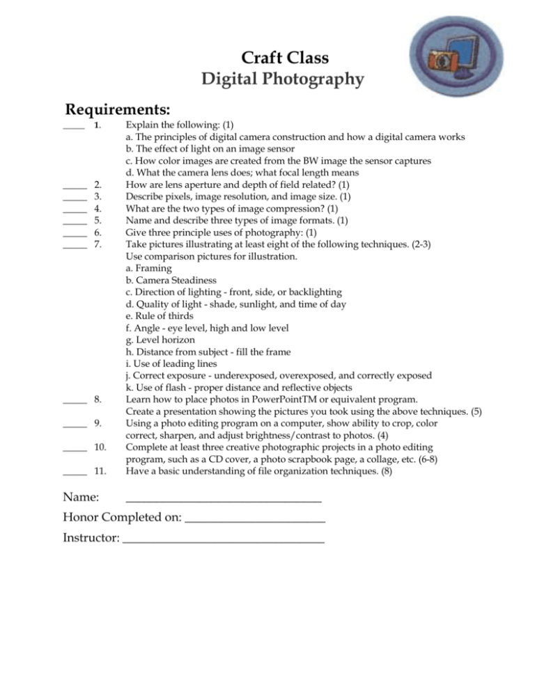 Digital Photography Worksheets