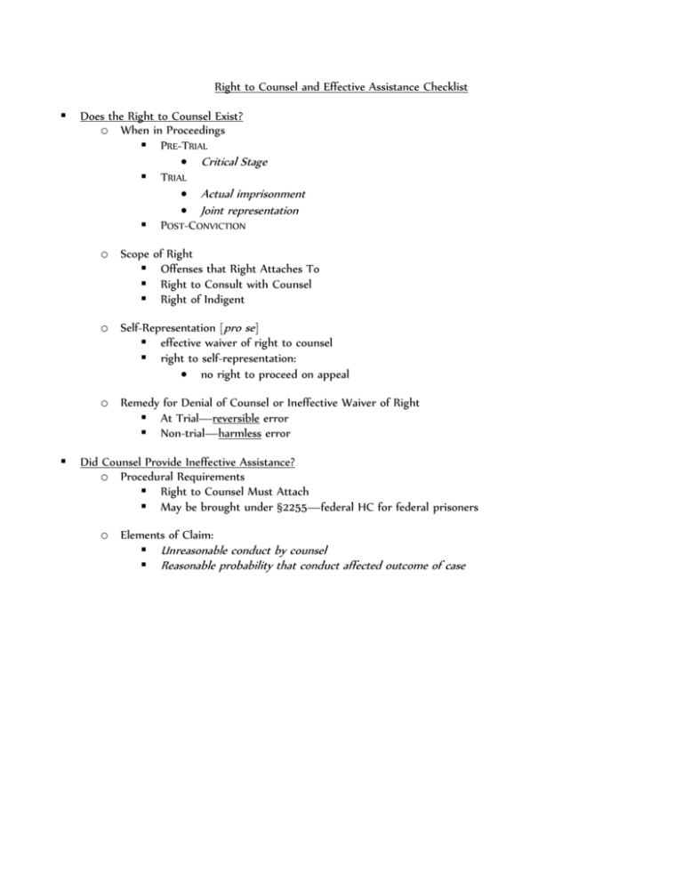 Right To Counsel And Effective Assistance Checklist