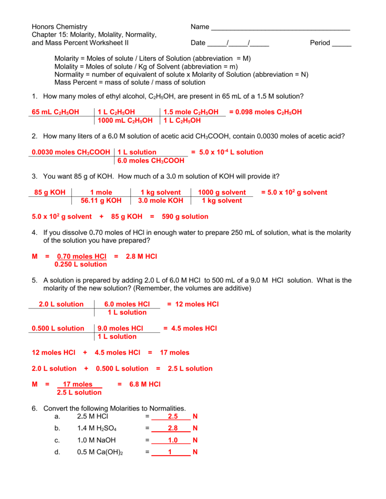 Molarity Worksheet Answers Chemistry Ivuyteq