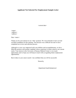 SAMPLE NON-SELECTION LETTER (for candidates NOT selected for interview ...