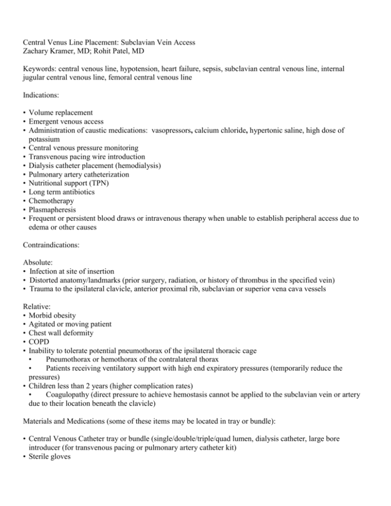 Central Venus Line Placement: Subclavian Vein Access Zachary