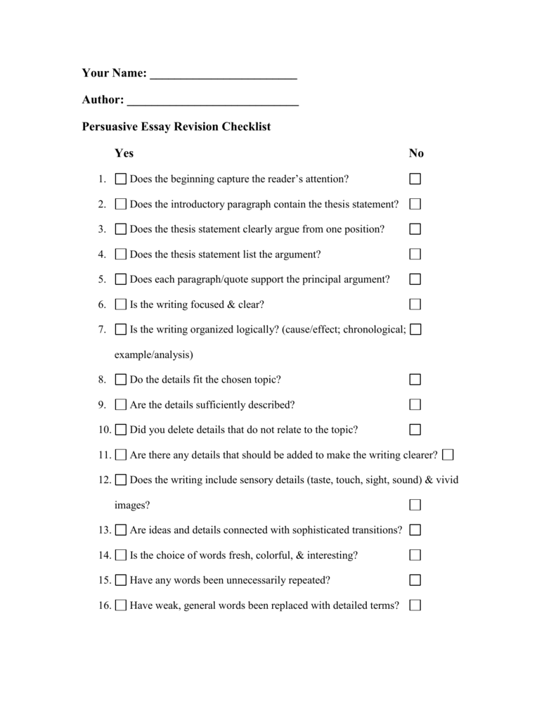 persuasive writing revision checklist