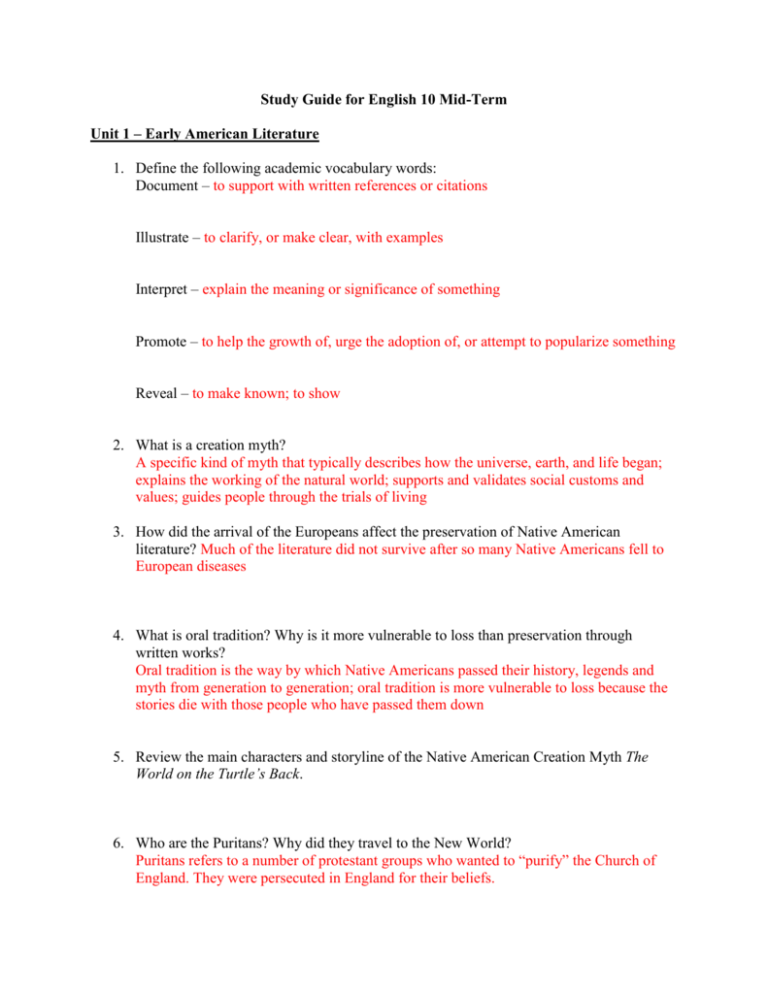 Mid term Study Guide Answer Key Mid term Study Guide Answer Key