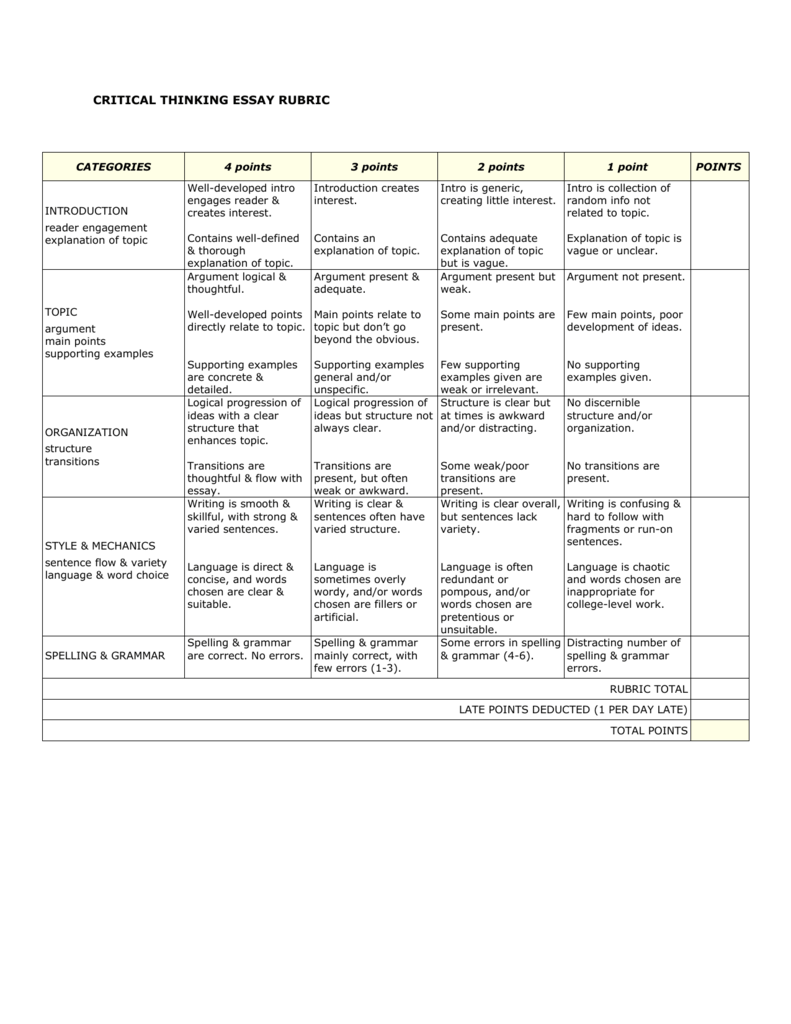 rubric for critical analysis essay