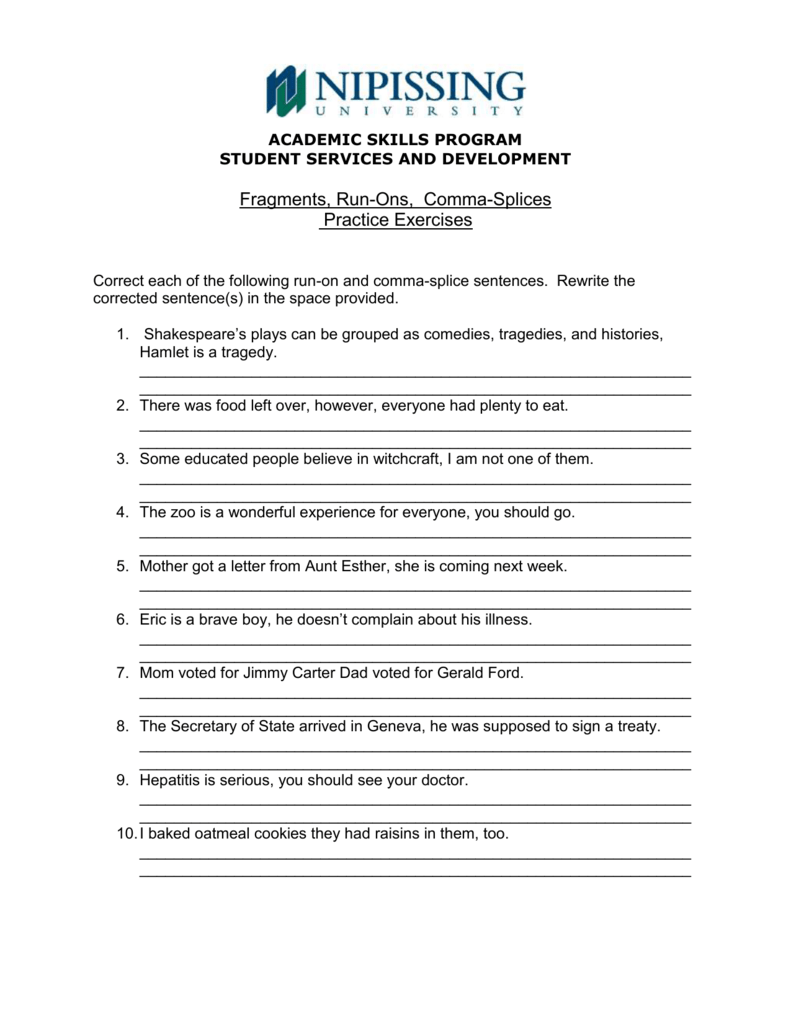 Fragments Run Ons And Comma Splices Worksheet