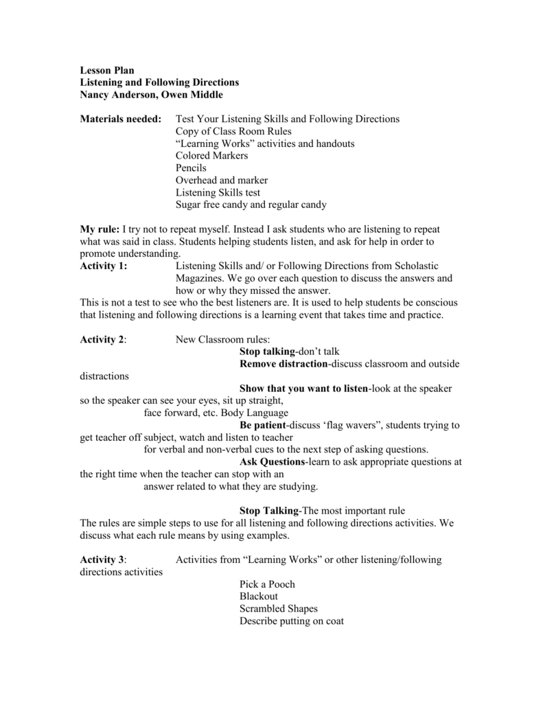 Lesson Plan - Buncombe County Schools For Following Directions Worksheet Middle School