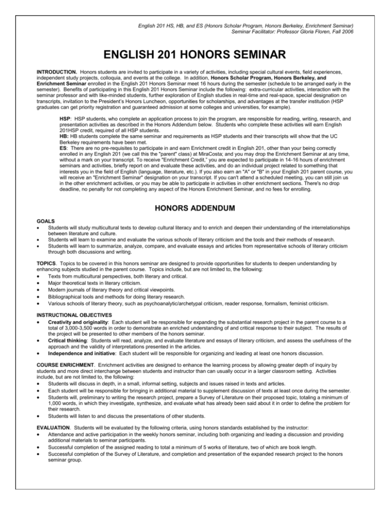 ENGLISH 201 HONORS SEMINAR