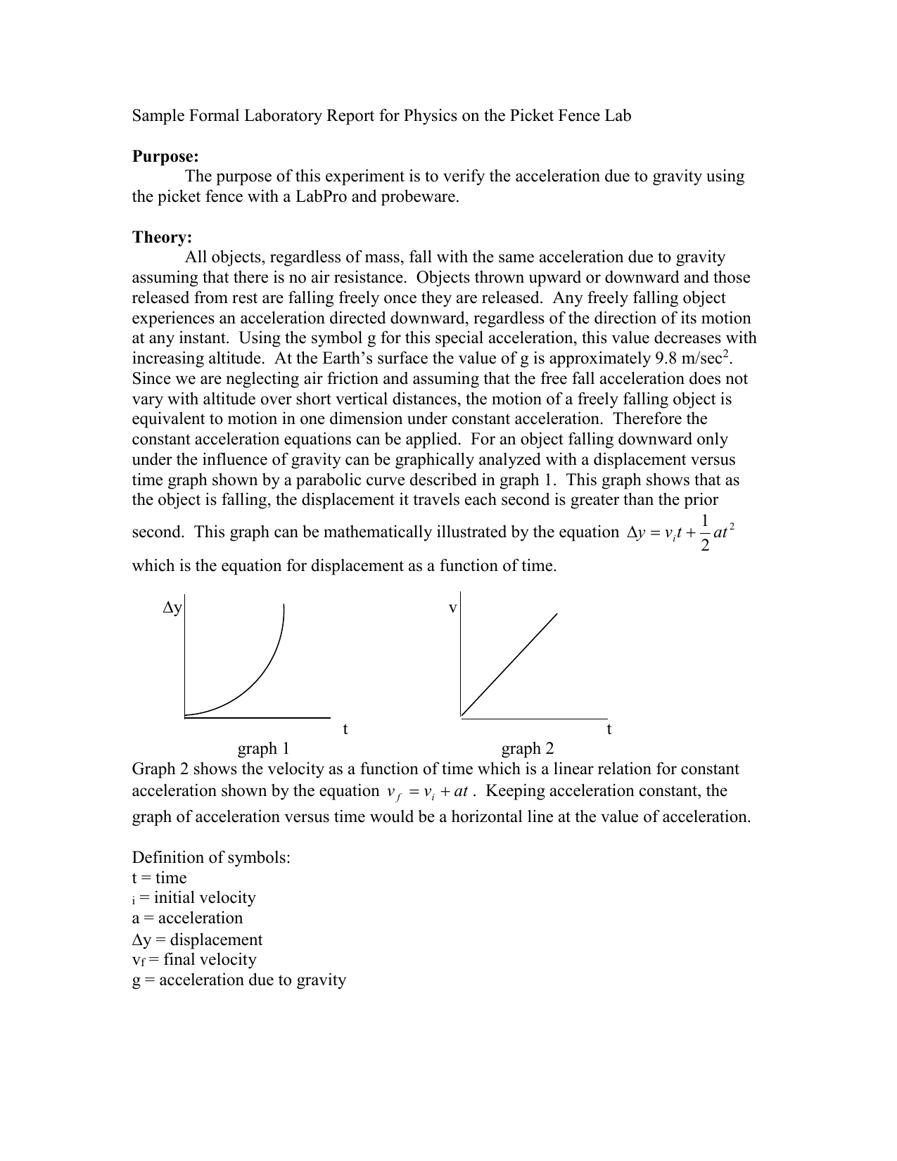 acceleration due to gravity lab report example