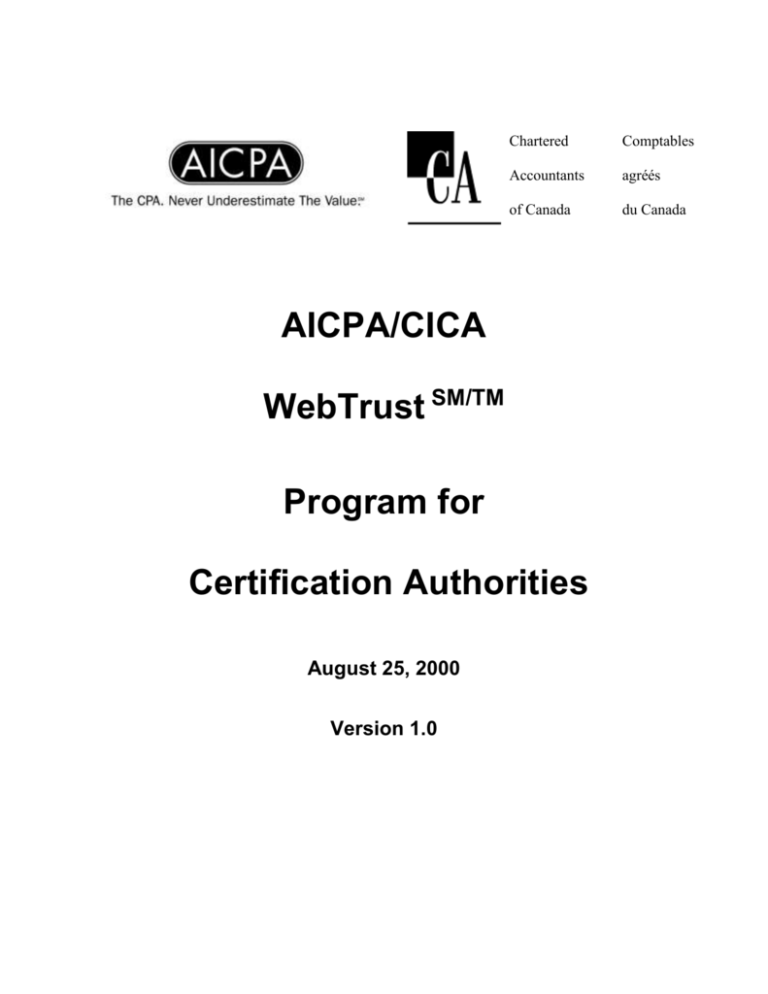 AICPA/CICA WebTrust Program for Certification Authorities
