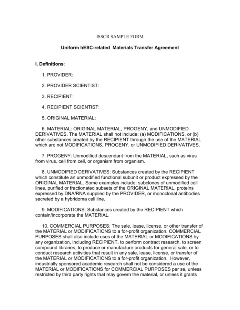 Sample Material Transfer Agreement (MTA)