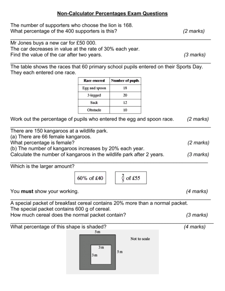 non-calculator-percentages-exam-questions