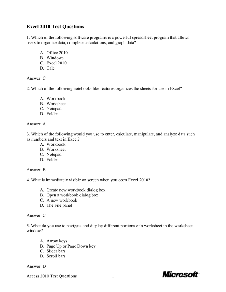 Excel 10 Test Questions 1 Which Of The Following