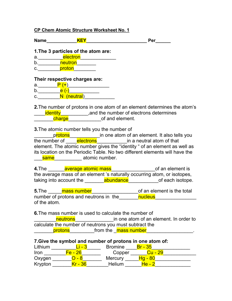 CP Chem Atomic Structure Worksheet No - EricksonCPChem20-20 For Basic Atomic Structure Worksheet