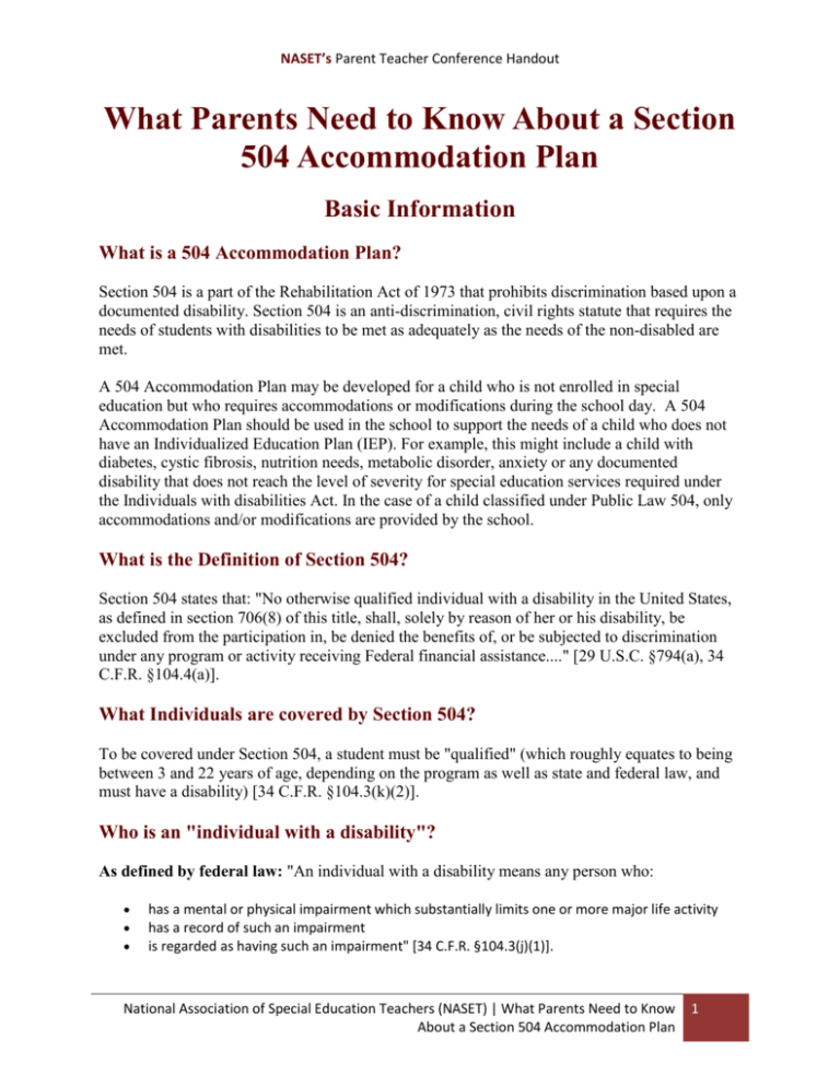 i section 504 accommodation plans legally binding