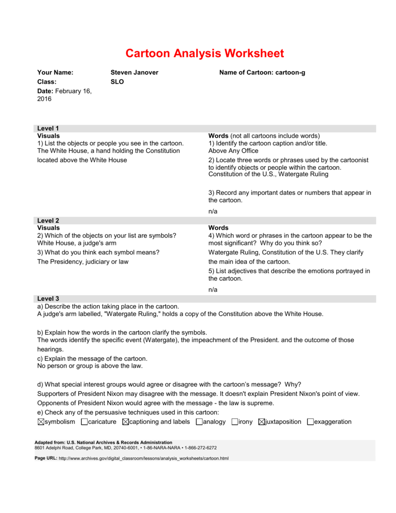 Cartoon Analysis Worksheet Answer Key