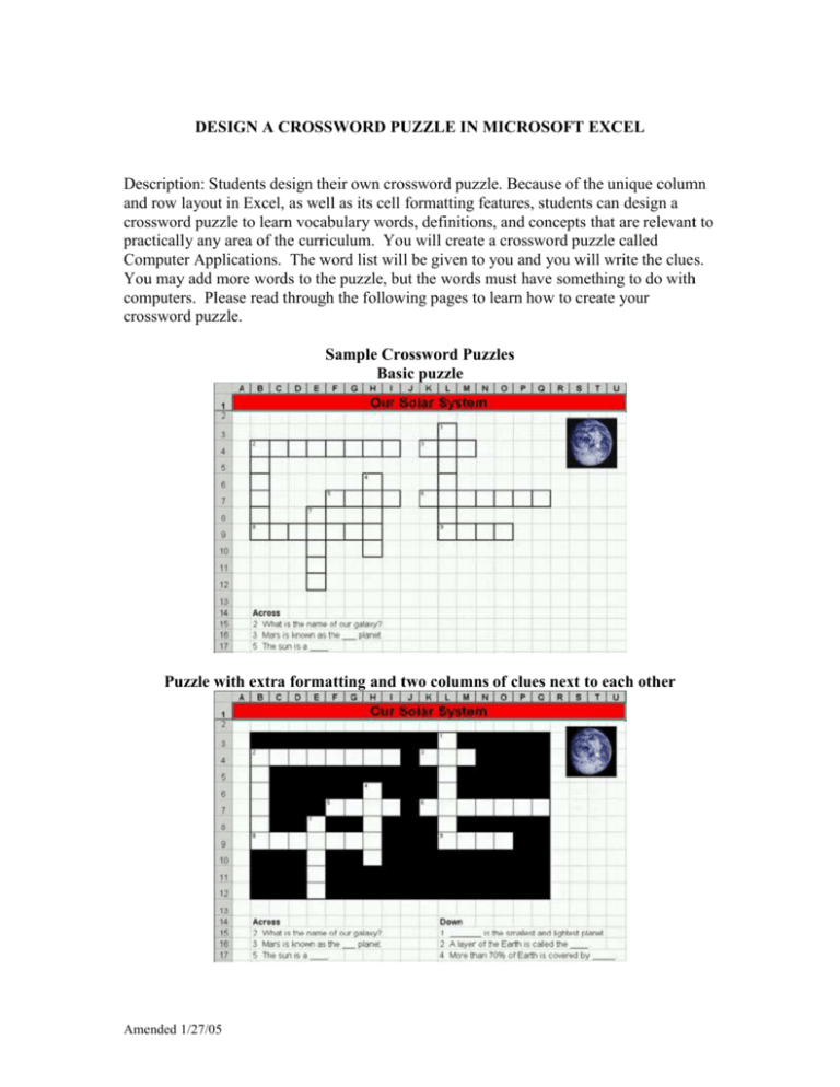 DESIGN A CROSSWORD PUZZLE IN MICROSOFT EXCEL