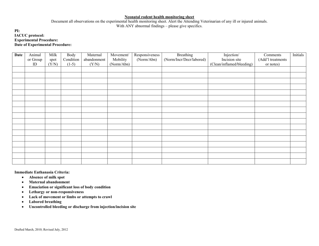 Rodent Health Monitoring Sheet