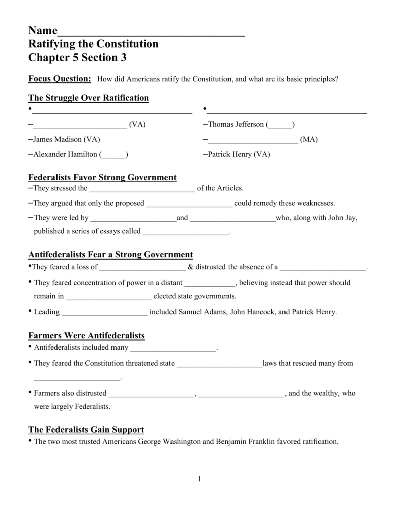 Ratifying the Constitution Inside Ratifying The Constitution Worksheet Answers
