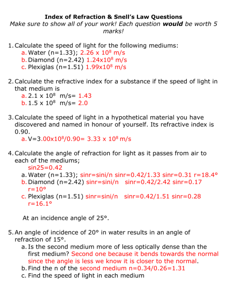 Index of Refraction Snell`s Law Questions After Textbook