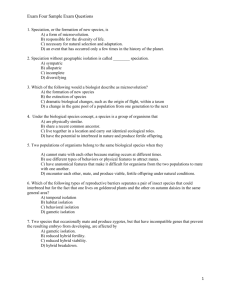 Exam Four Sample Exam Questions 1. Speciation, or the formation