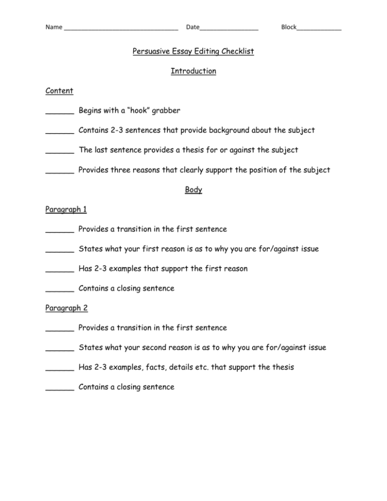 peer editing checklist for persuasive essay