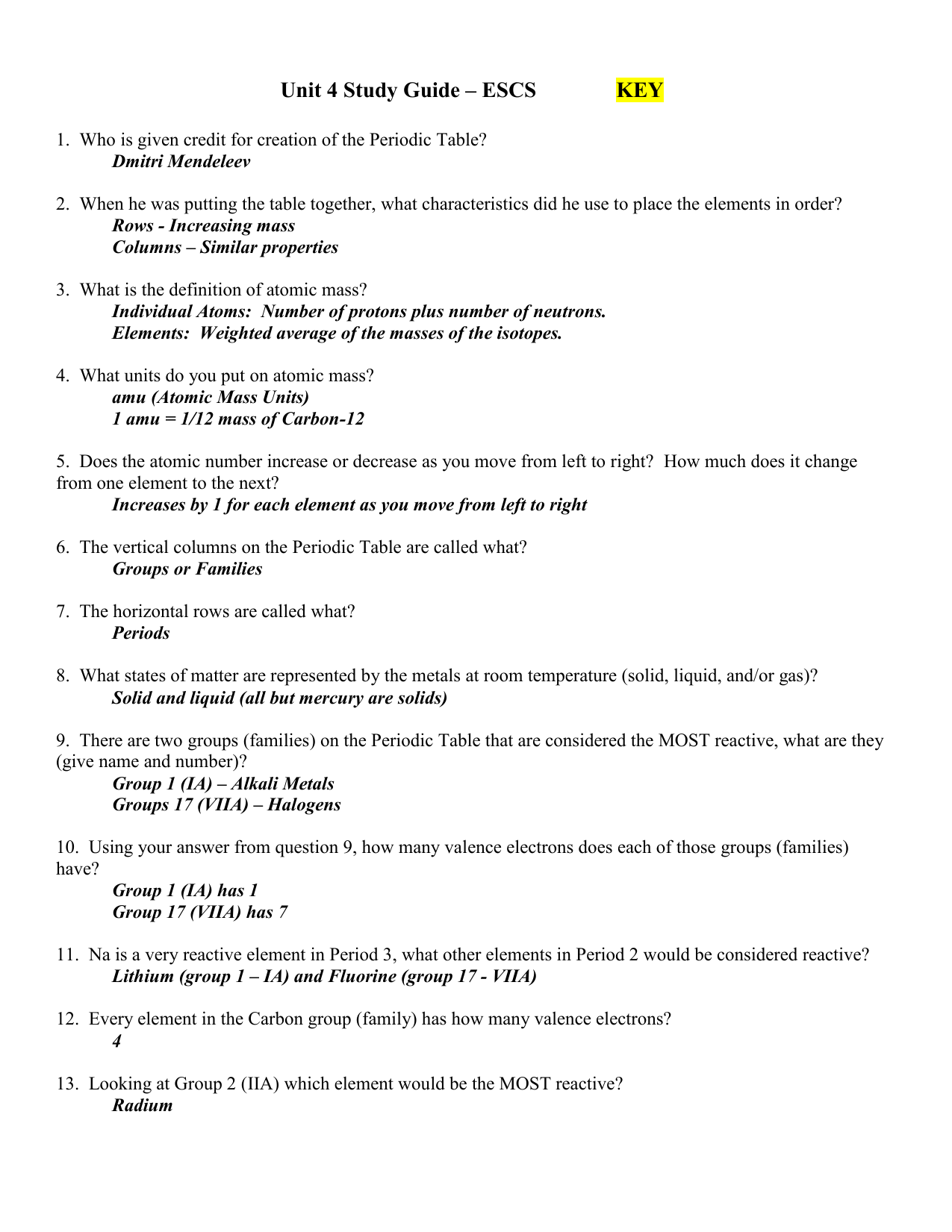 Periodic Table Study Guide