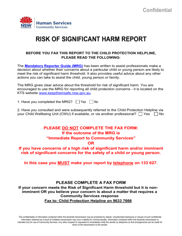 Risk Of Significant Harm Report Fax Form