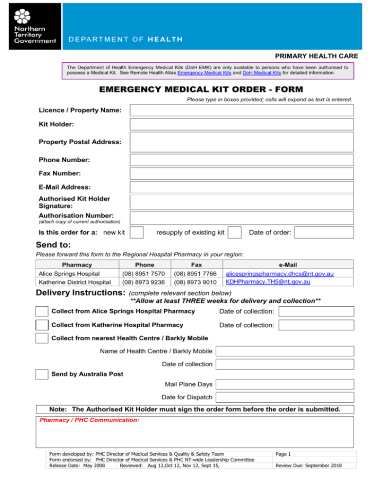 Emergency Medical Kits Order - Form