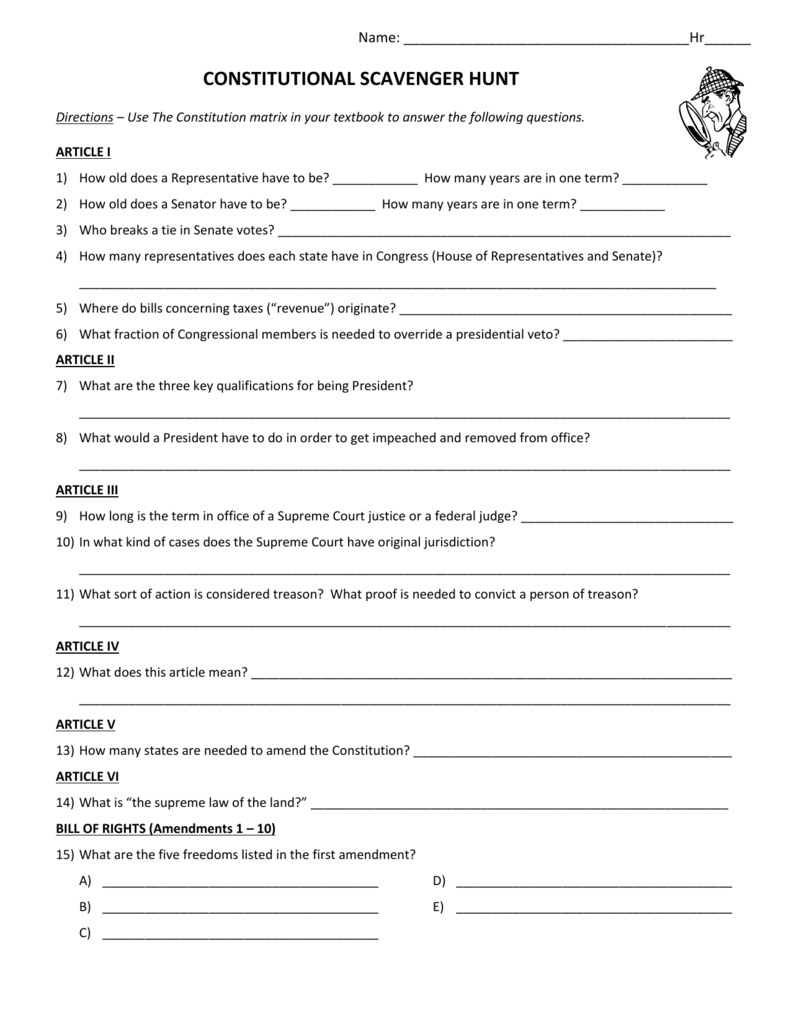 Constitution Scavenger Hunt Worksheet Zipworksheet