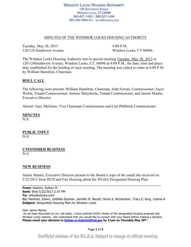 MINUTES OF THE WINDSOR LOCKS HOUSING AUTHORITY