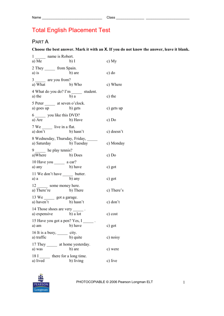 Total English Placement Test Part A Choose The Best Answer Mark It