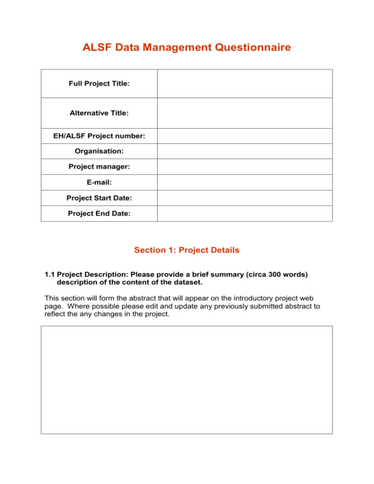 NERC Data Management Questionnaire