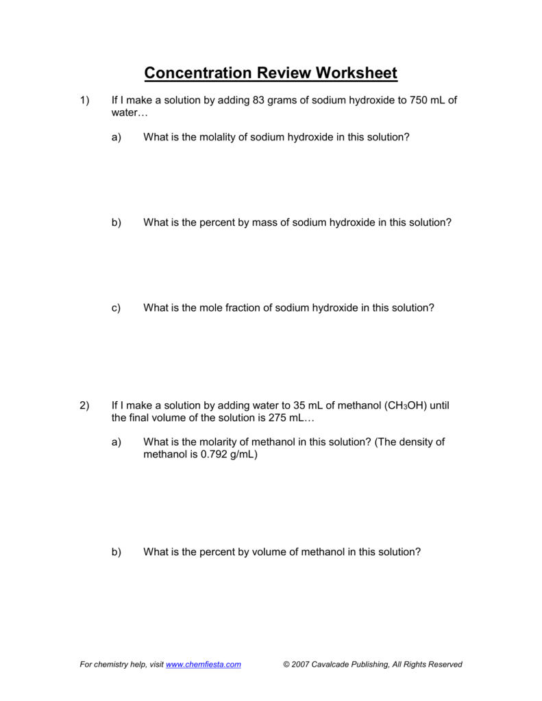 Concentration Review Worksheet For Chemistry Review Worksheet Answers