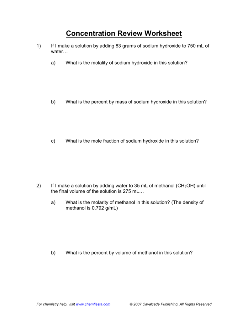 solution concentration problems with answers