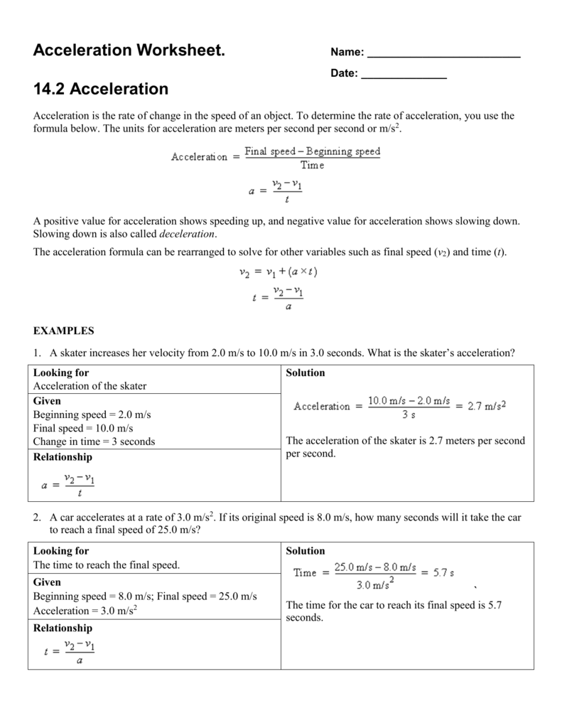 Velocity And Acceleration Worksheet