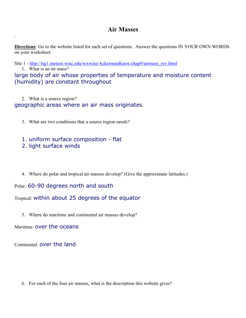 Weather Fronts Answer Key