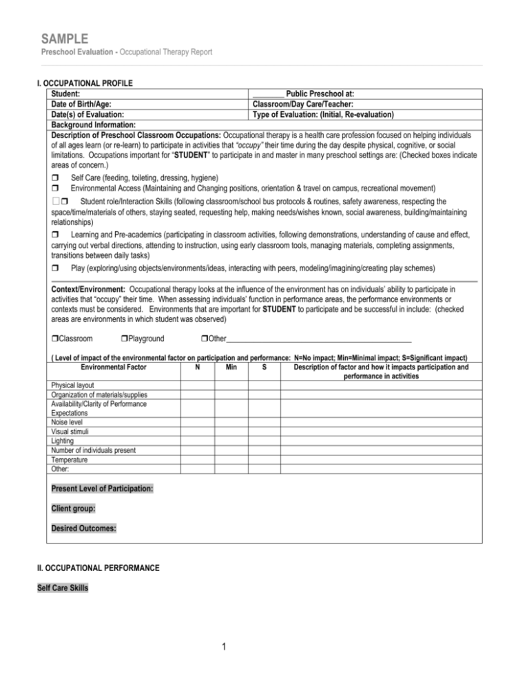 Sampletemplate For Occupational Therapy Preschool Evaluation 4942