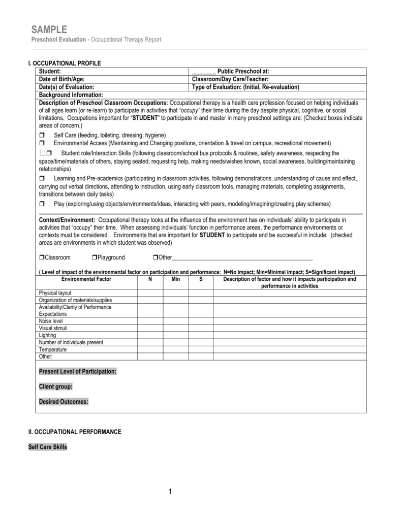 Sample/Template for Occupational Therapy Preschool Evaluation With Regard To Evaluation Summary Report Template