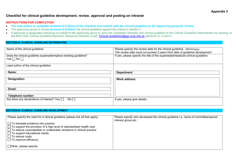 Checklist for Clinical Guideline development, review, approval and