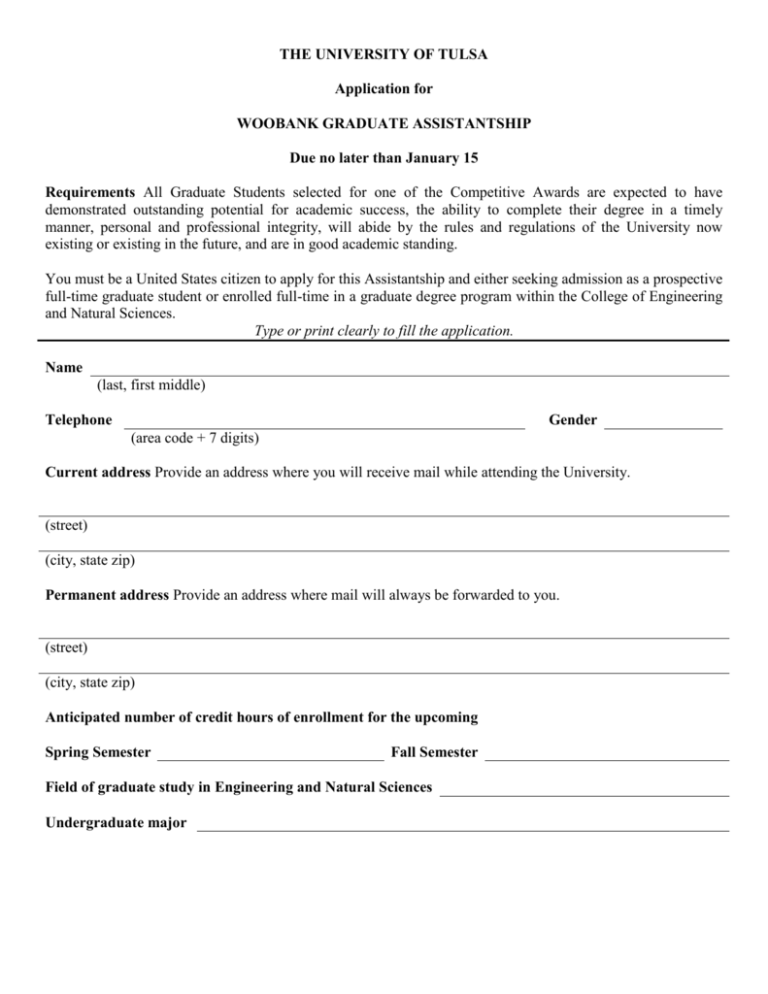 THE UNIVERSITY OF TULSA Application for WOOBANK