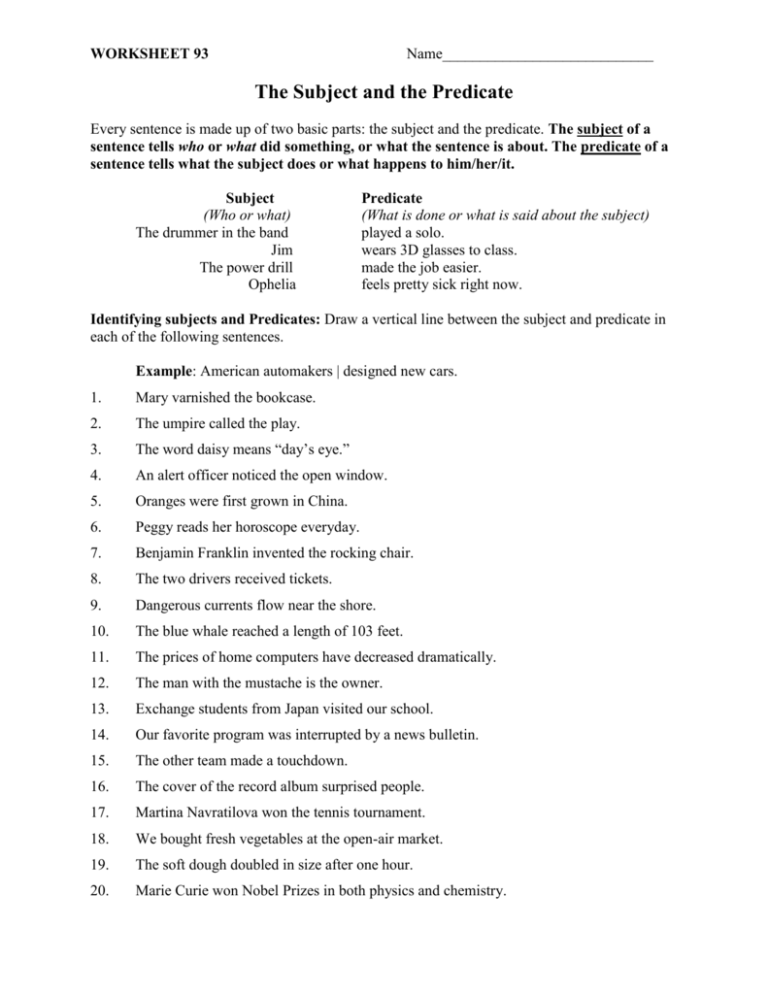Worksheet On Finding The Subject Of A Sentence