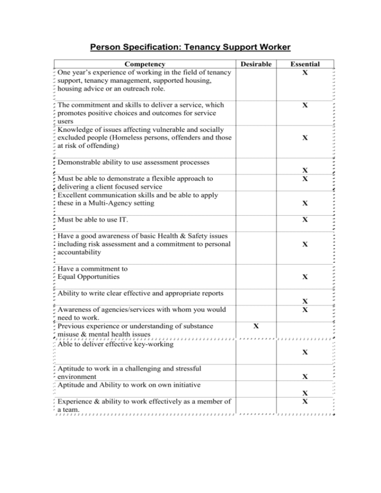 Person Specification Tenancy Support Worker