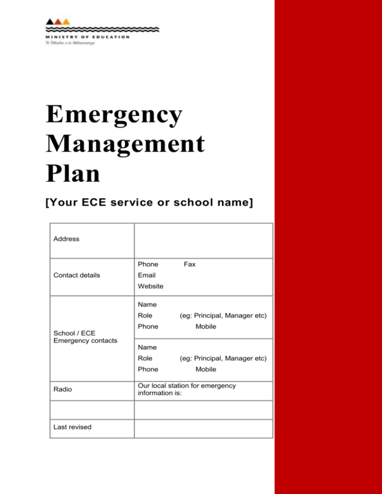 emergency management plan template ministry of education