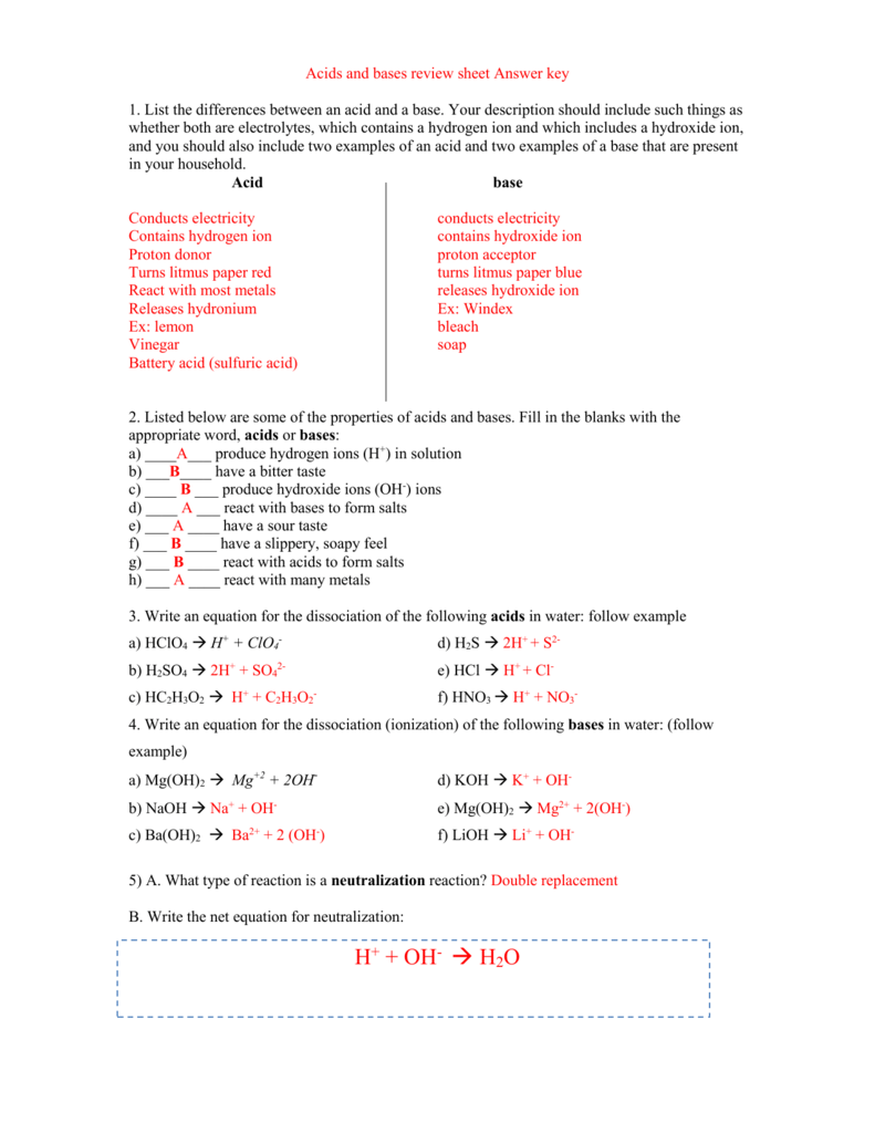 Acids and bases review sheet Answer key Within Solutions Acids And Bases Worksheet