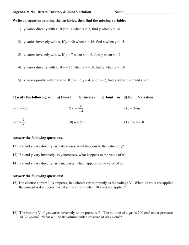 Direct and Inverse Variation Worksheet Within Direct And Inverse Variation Worksheet