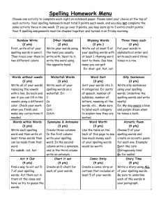 4th grade Spelling Homework Menu