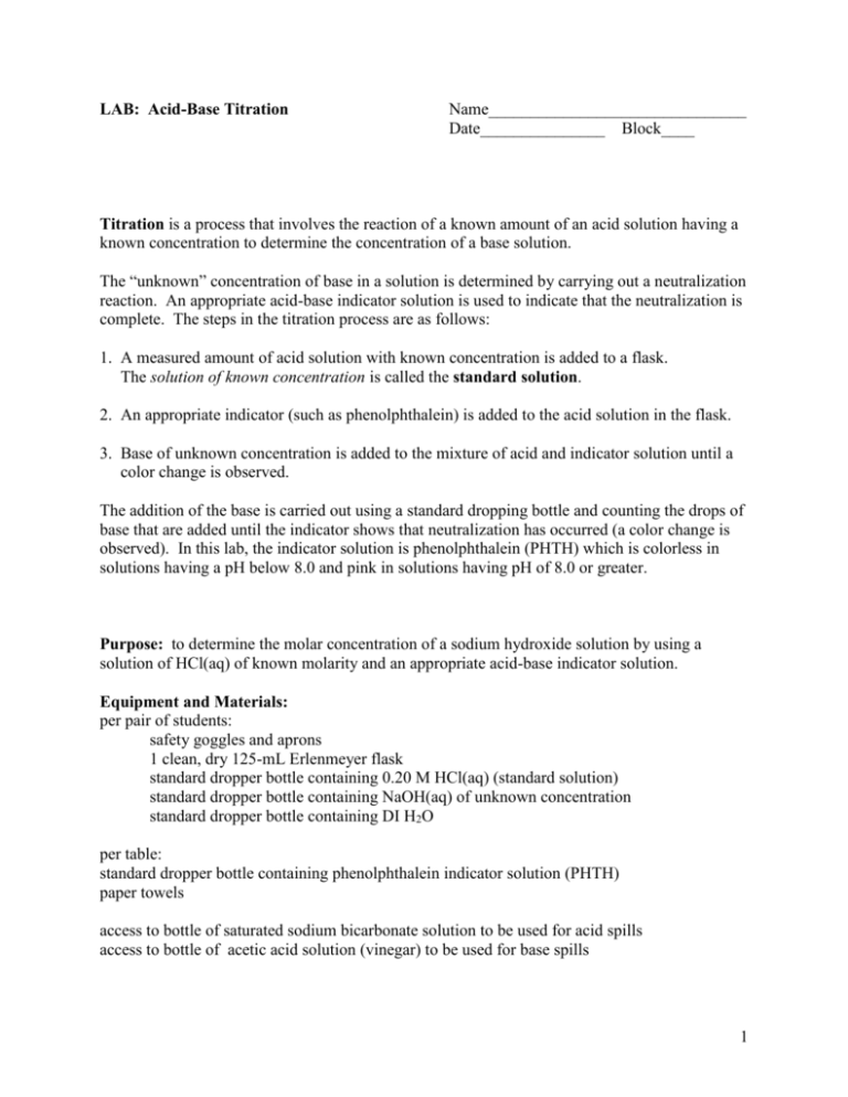 LAB AcidBase Titration Greenwich Public Schools