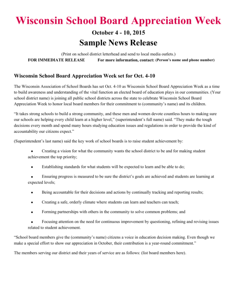 Sample News Release Wisconsin Association Of School Boards