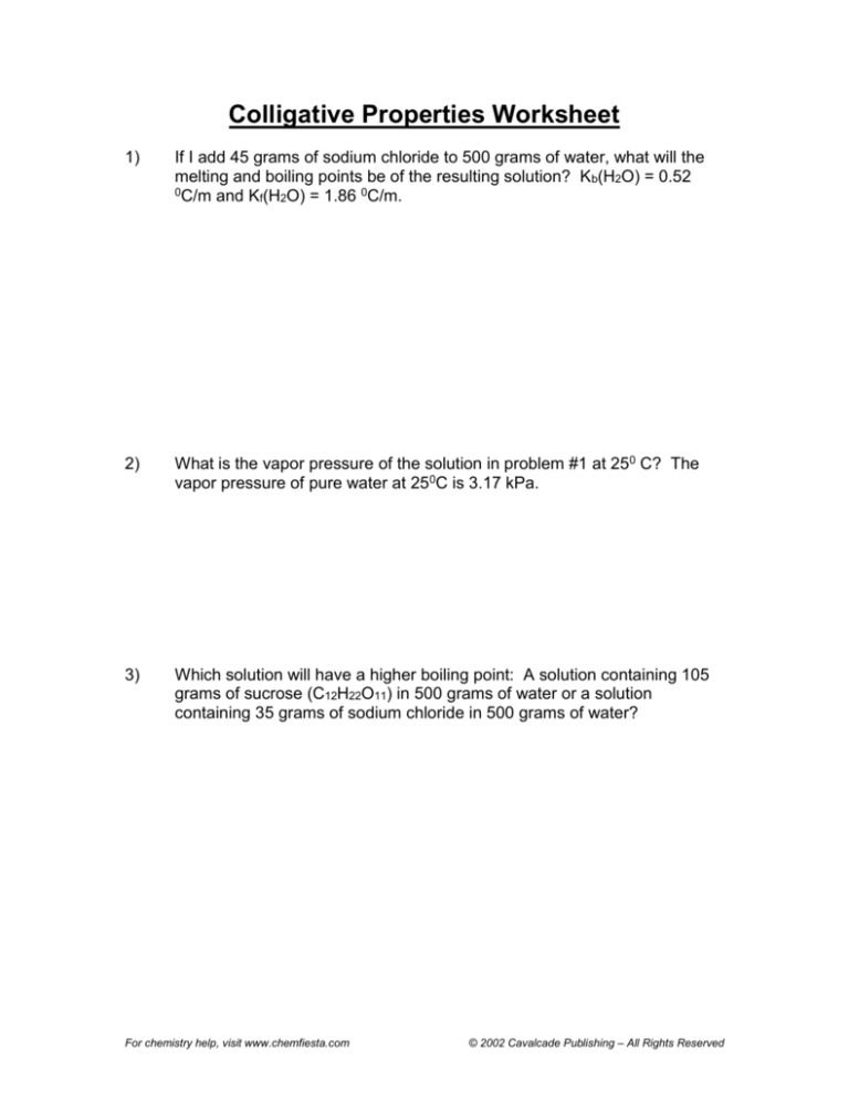 Colligative Properties Worksheet